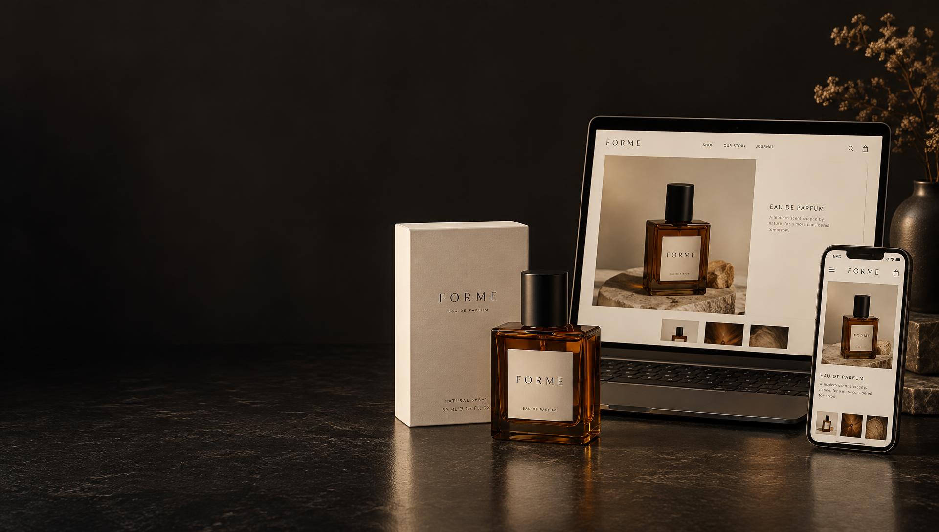 An amber perfume product transformed into a polished desktop and mobile online store